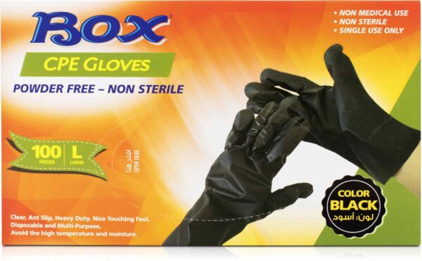BOX CPE GLOVES BLACK P/FREE LARGE 100PCS